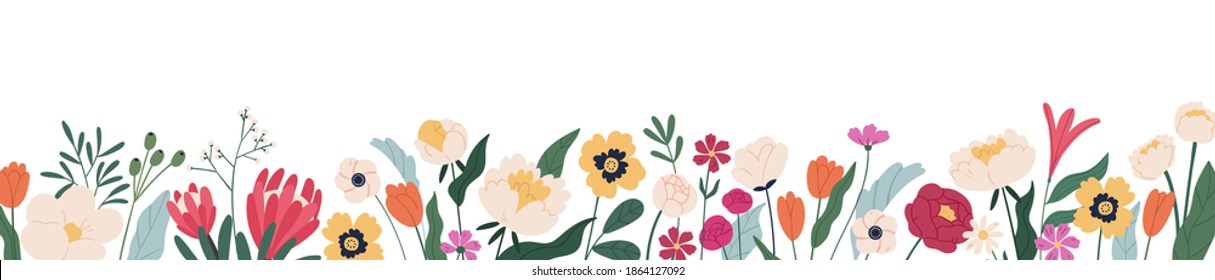 Horizontaler weißer Banner oder floraler Hintergrund mit wunderschönen, mehrfarbigen Blumen und Blätterrahmen. Botanische Frühlingsflache Vektorgrafik auf weißem Hintergrund – Stockvektorgrafik