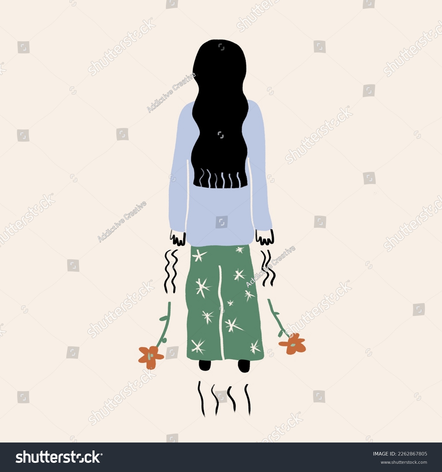 Vektorgrafik-Rückansicht Vollkorb von Weibchen mit langen schwarzen Haaren in blauer Jacke und grüne Hosen mit roten fallenden Blumen auf beigem Hintergrund – Stockillustration