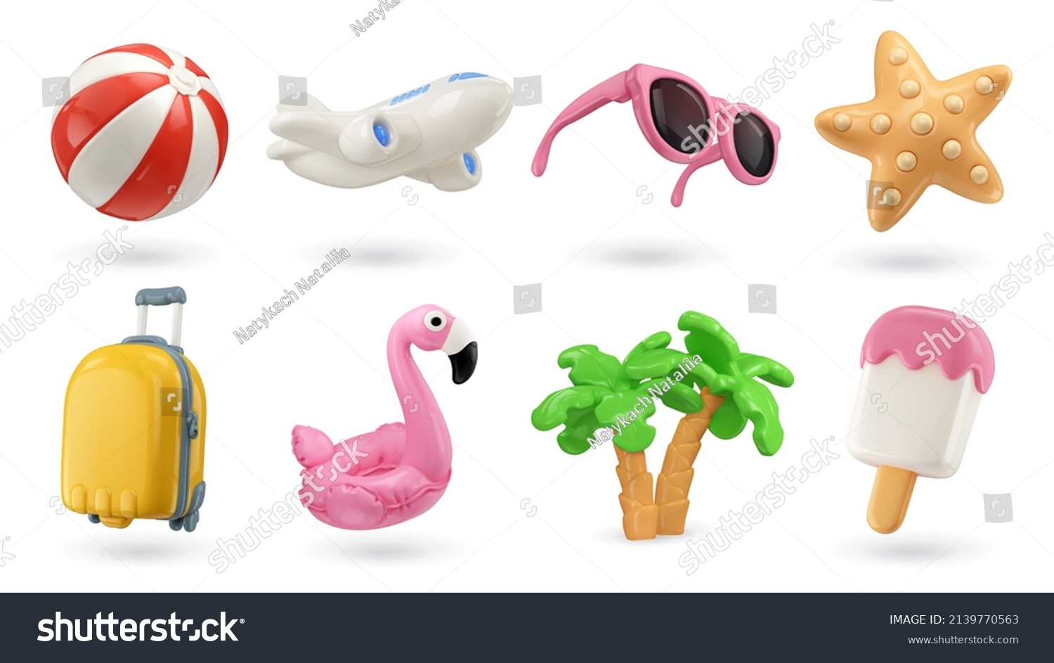 Summer 3d realistische Darstellung Vektorsymbol gesetzt. Aufblasbare Kugel, Flugzeug, Sonnenbrille, Sternfisch, Koffer, Flamingo, Palmen, Eis – Stockvektorgrafik
