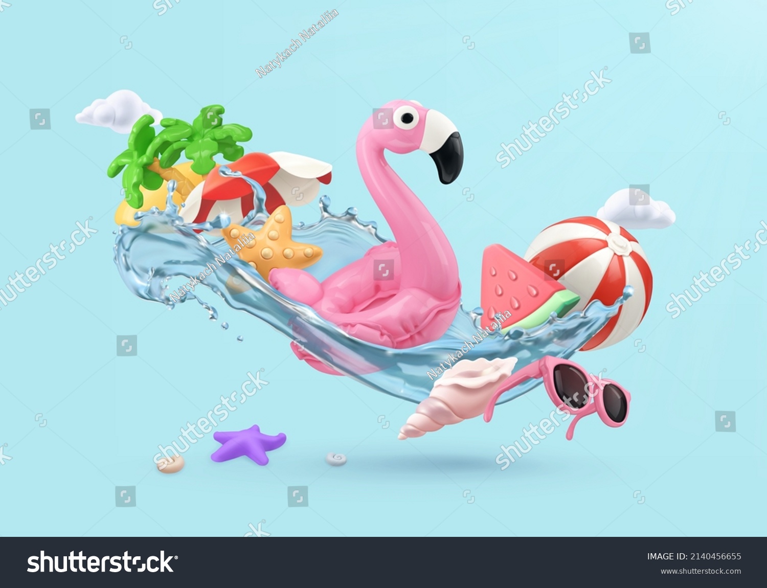 Sommerferien. Flamingo-aufblasbares Spielzeug, Wassermelone, Palmen, Muschel, Wassersplash 3D-Vektorgrafik-Elemente – Stockvektorgrafik
